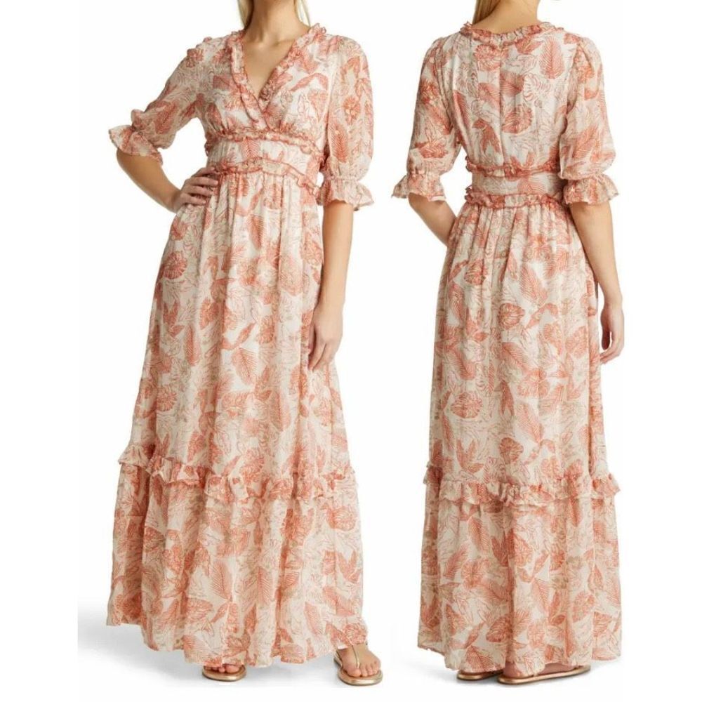 BTFL-Life Leaf Print Ruffle Puff Sleeve Maxi Dress Size XS NWT